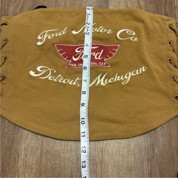 Vintage Ford Motor Co Lace Up Tube Top Brown Y2K Biker Graphic Detroit Michigan - Picture 5 of 6